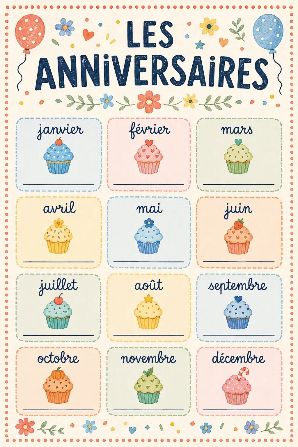 Affichage imprimable Les anniversaires pour la maternelle.