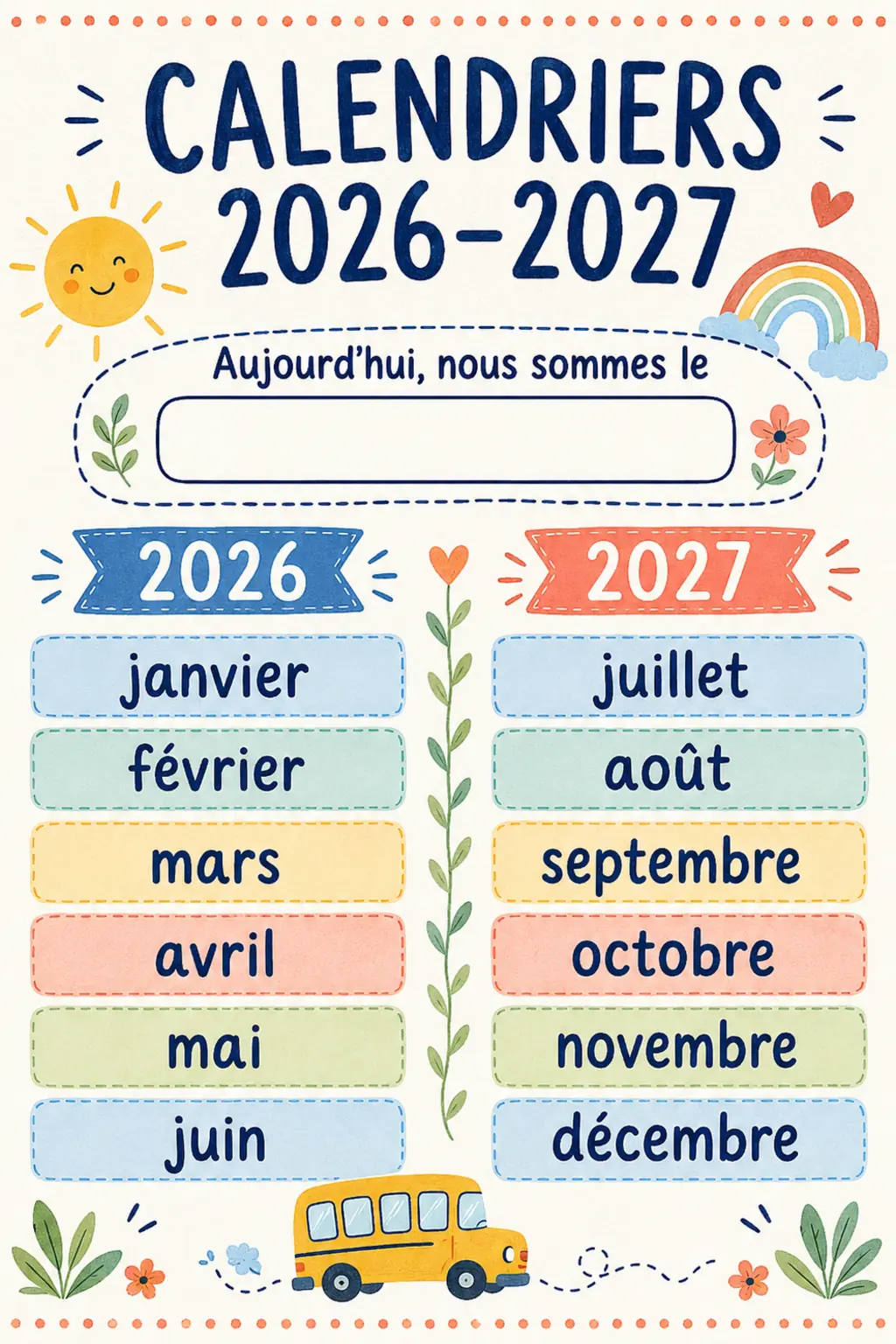 Affichage imprimable Calendriers 2026-2027 pour la maternelle.
