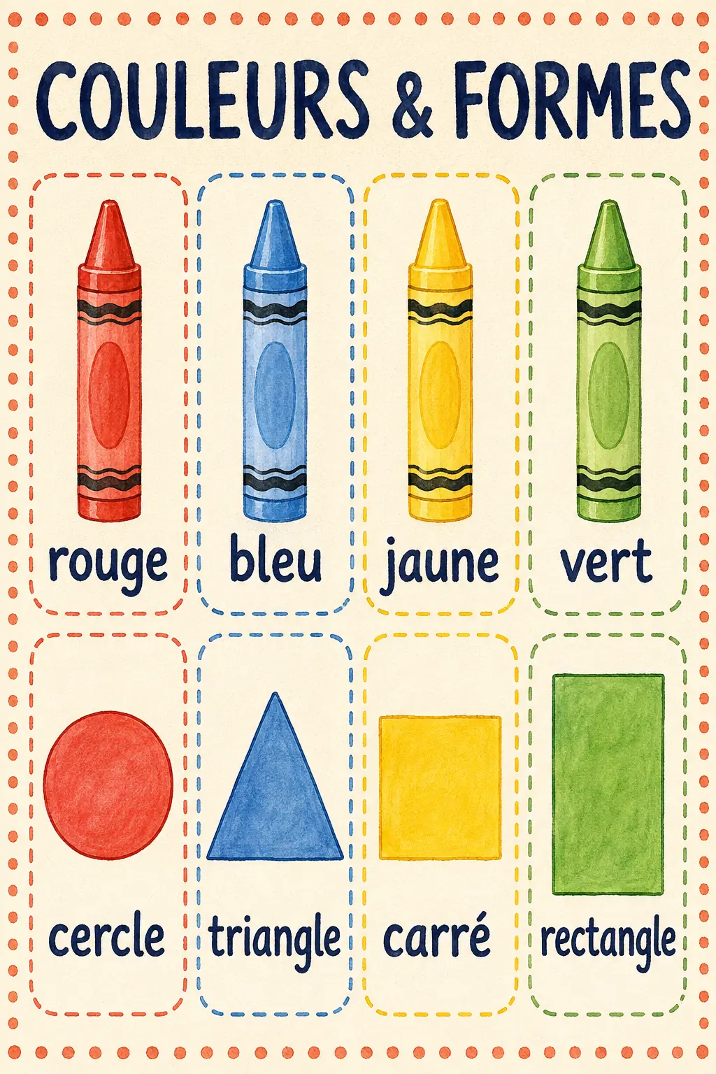 Affichage imprimable Couleurs et formes pour la maternelle.