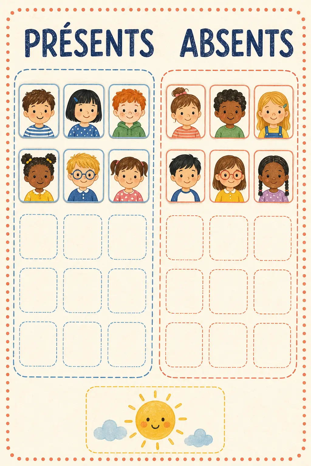 Affichage imprimable Présents et absents pour la maternelle.