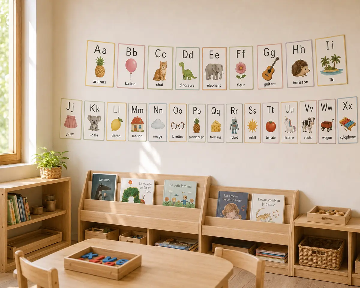 Coin lecture de maternelle avec abécédaire illustré installé au-dessus des livres.