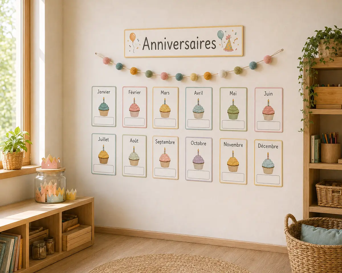 Mur de classe avec tableau des anniversaires, mois et étiquettes de cupcakes installés.