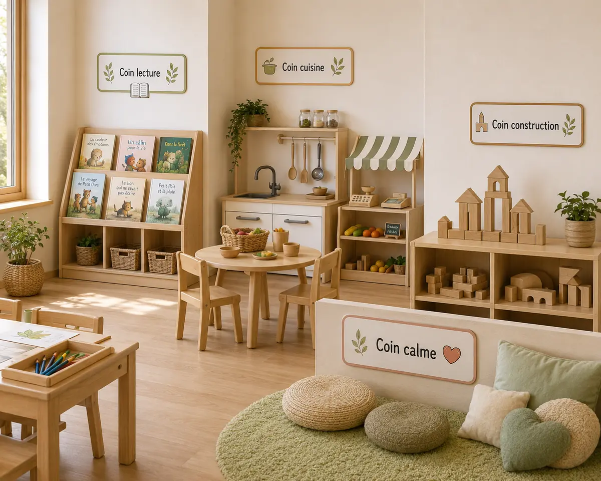 Salle de maternelle avec panneaux installés pour le coin lecture, cuisine, construction et calme.