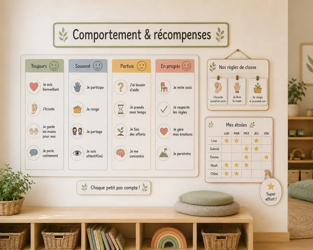 Coin calme de maternelle avec tableau de comportement positif, règles de classe et récompenses installés.