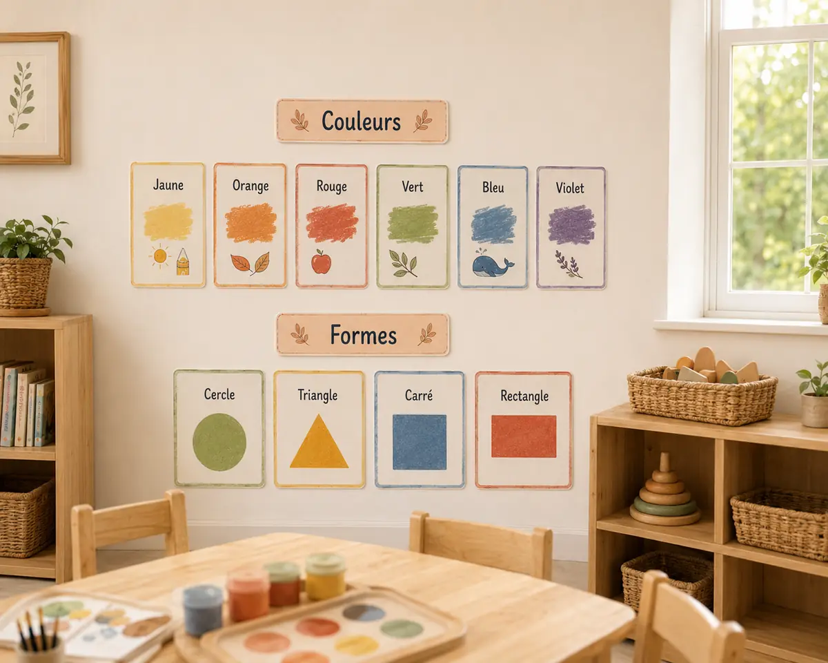 Coin activités de maternelle avec affichages des couleurs et des formes installés au mur.