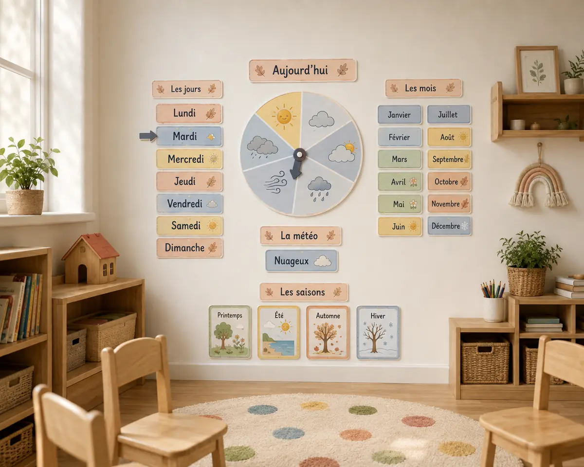 Coin regroupement de maternelle avec roue météo, jours, mois et cartes des saisons installés au mur.