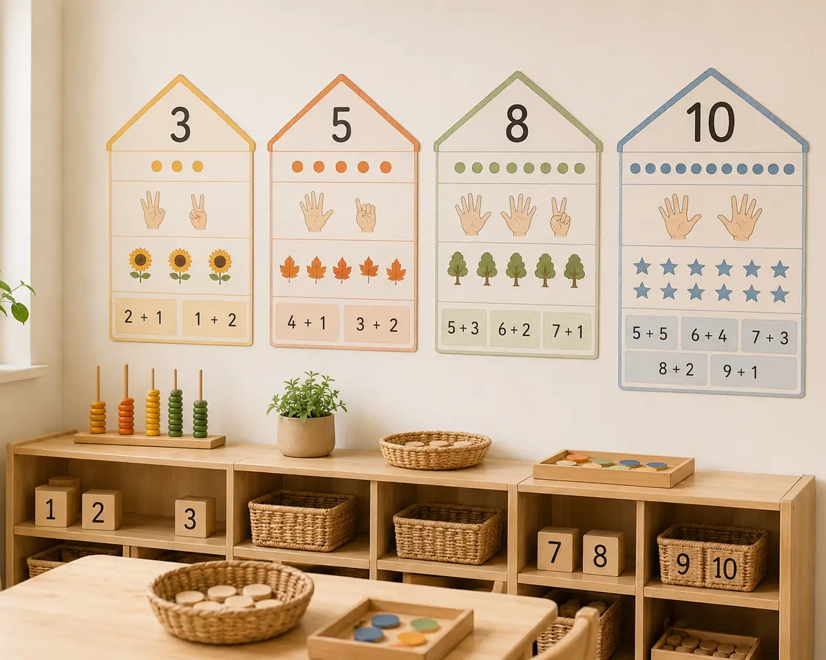 Coin mathématiques de maternelle avec maisons des nombres et décompositions affichées au mur.