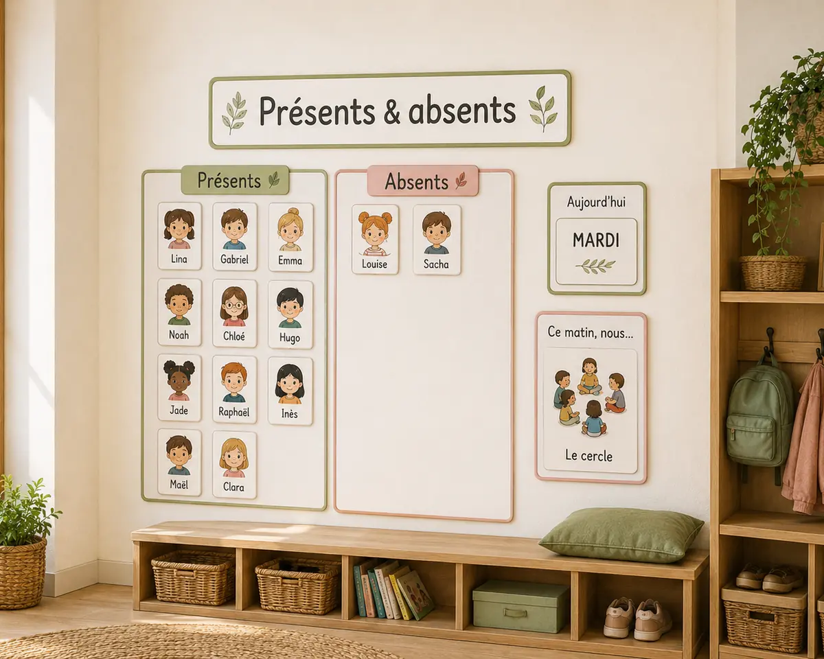 Entrée de classe de maternelle avec tableau des présents et absents, cartes élèves illustrées et routine du matin.