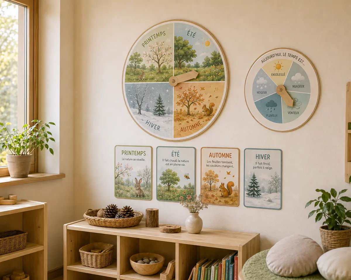 Coin nature de maternelle avec roue des saisons, roue météo et cartes saisonnières installées.