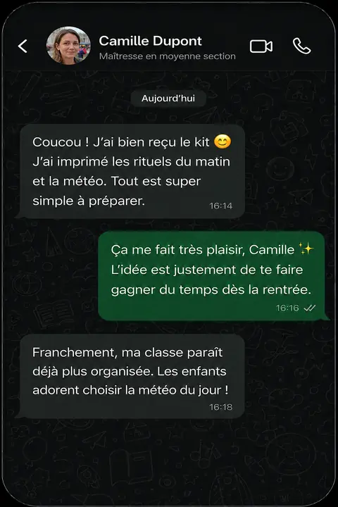 Conversation avec Camille Dupont, maîtresse en moyenne section, qui apprécie les rituels du matin et l’affichage météo.