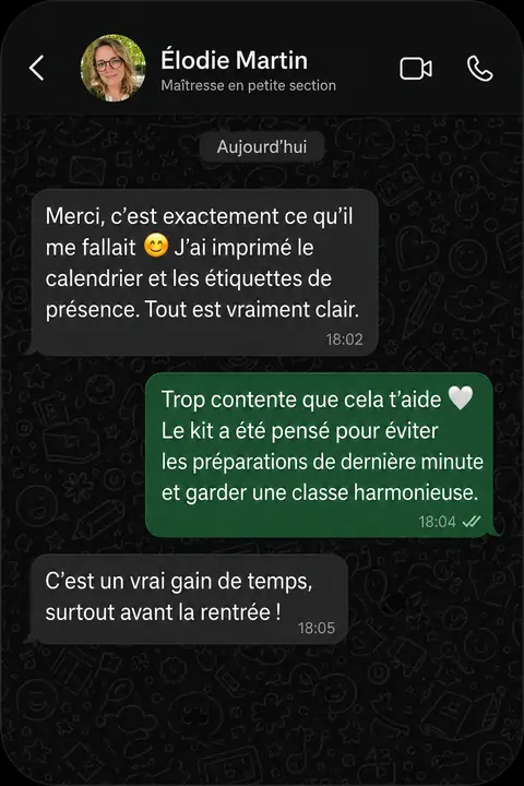 Conversation avec Élodie Martin, maîtresse en petite section, qui souligne la clarté du calendrier et des étiquettes de présence.