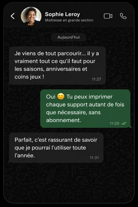 Conversation avec Sophie Leroy, maîtresse en grande section, qui apprécie les affichages pour les saisons, anniversaires et coins jeux.